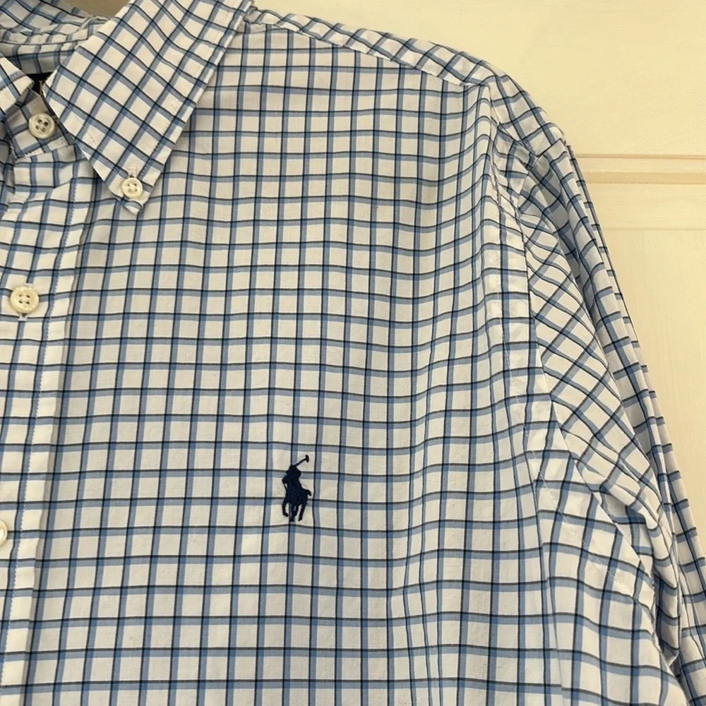 POLO RALPH LAUREN Mens Blue White Black Plaid Button Down Shirt Size Large Twill